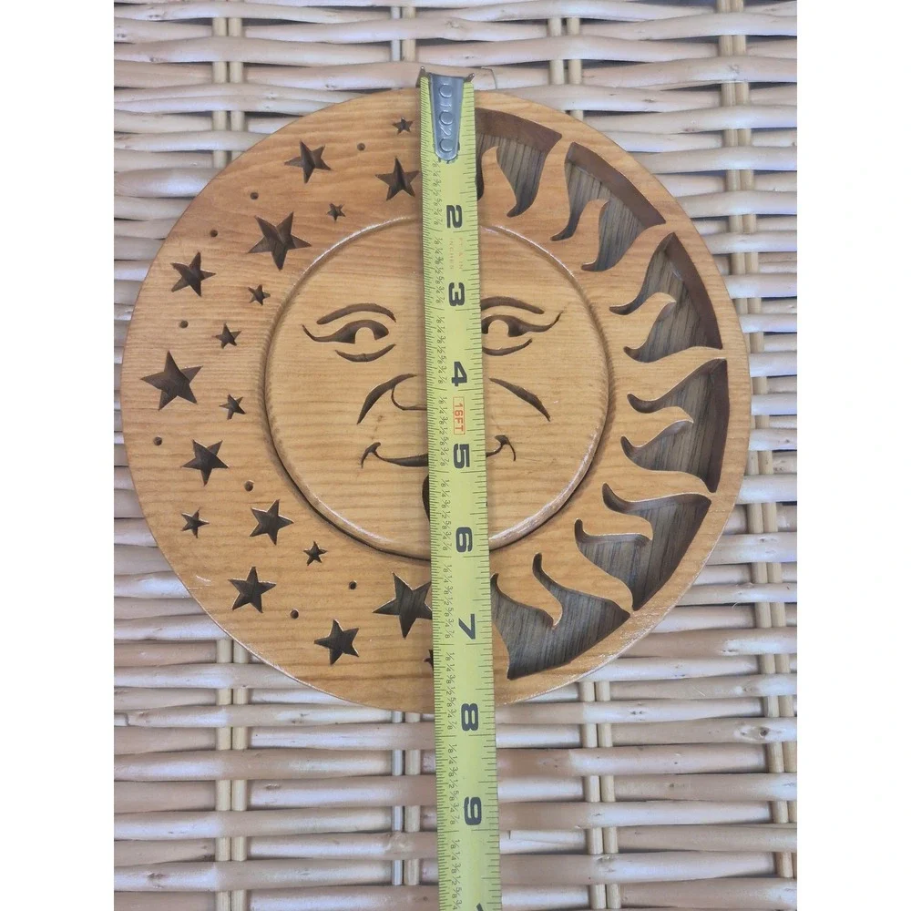 Vintage Carved Wood Sun Moon Wall Plaque Celestial Stars Boho Whimsigoth 8